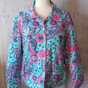 Redd Jeans Colorful Paisley Print Sequin Button Up Jean Jacket Women's Size 14